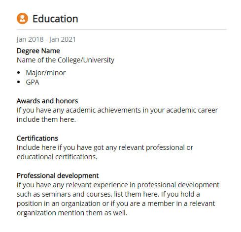 template of a resume education section