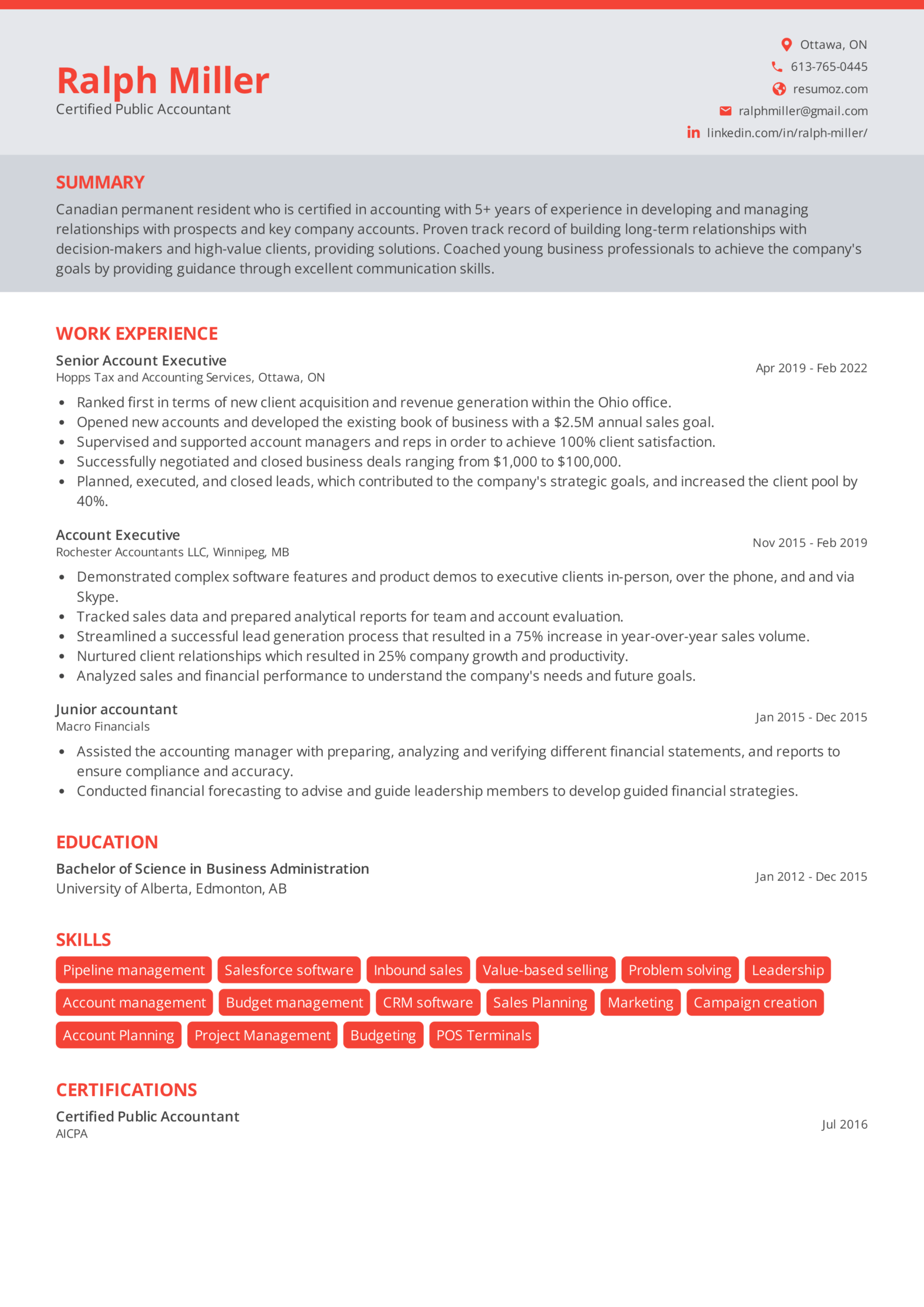 resume sample for canada immigration